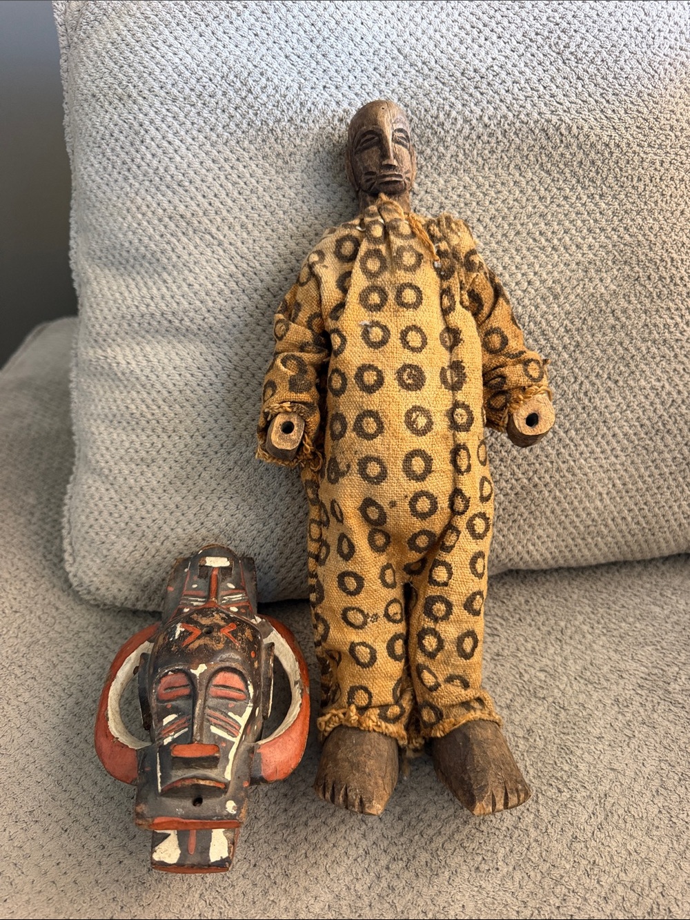 Handmade Tribal Wood and Fabric Figurine in Yellow